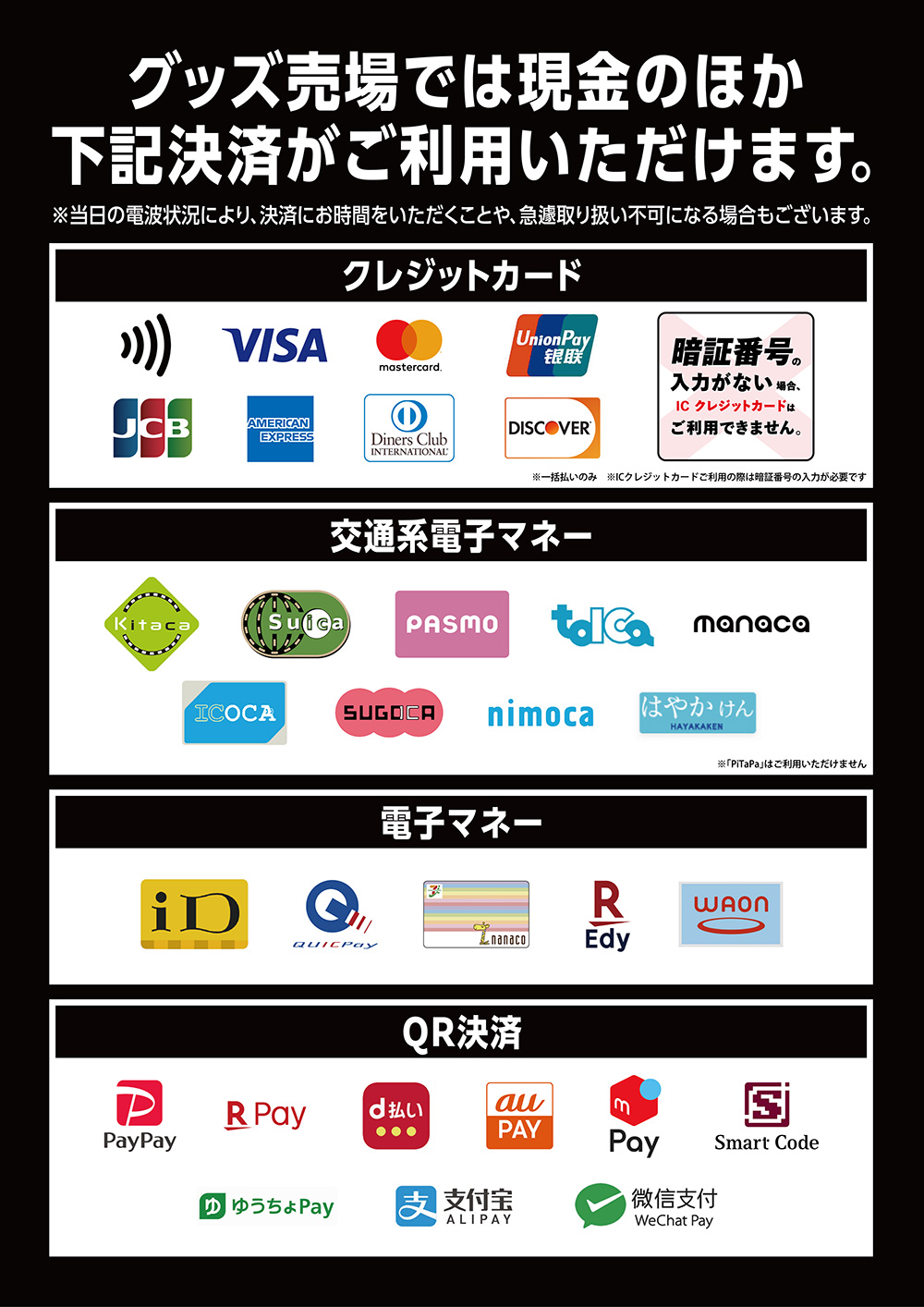 グッズ会場では現金のほか下記決済がご利用いただけます。