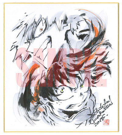 キャラクターデザイン・総作画監督：馬越嘉彦描き下ろし複製ミニ色紙（緑谷出久、爆豪勝己）