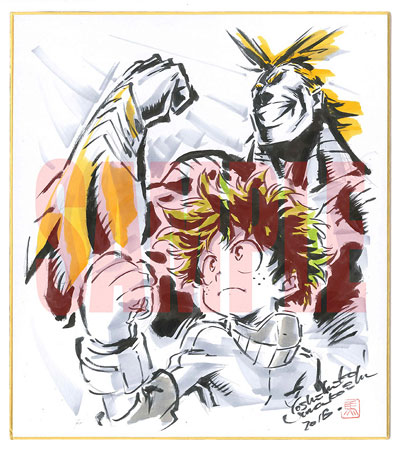 キャラクターデザイン・総作画監督：馬越嘉彦描き下ろし複製ミニ色紙（緑谷出久、オールマイト）